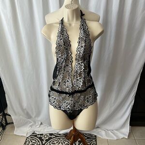 🖤 iCollection Black & Ivory Lace Halter Teddy Lingerie | Size L 🖤